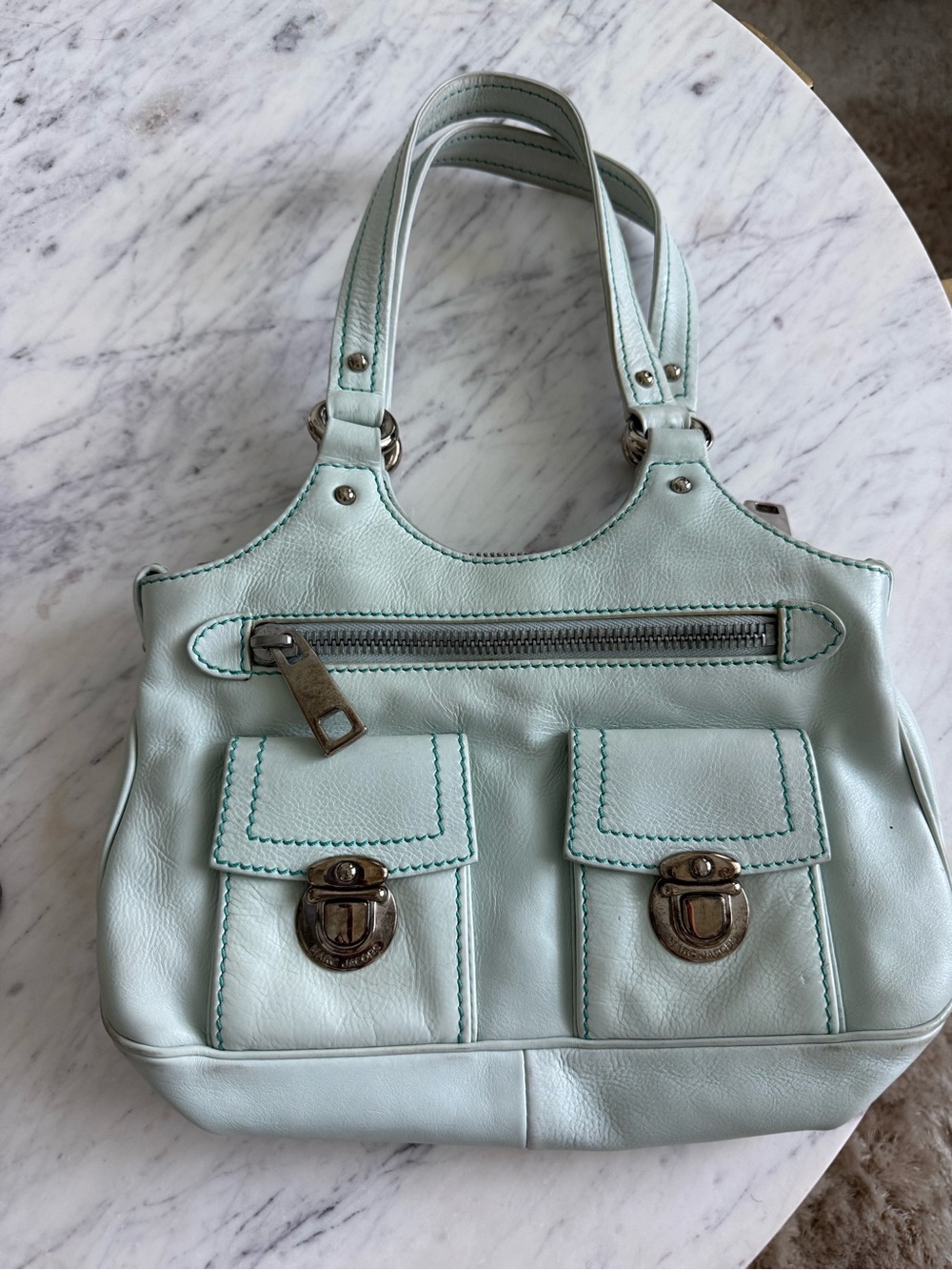 Vintage Marc Jacobs Pale Blue Leather Shoulder Bag with Front Pockets